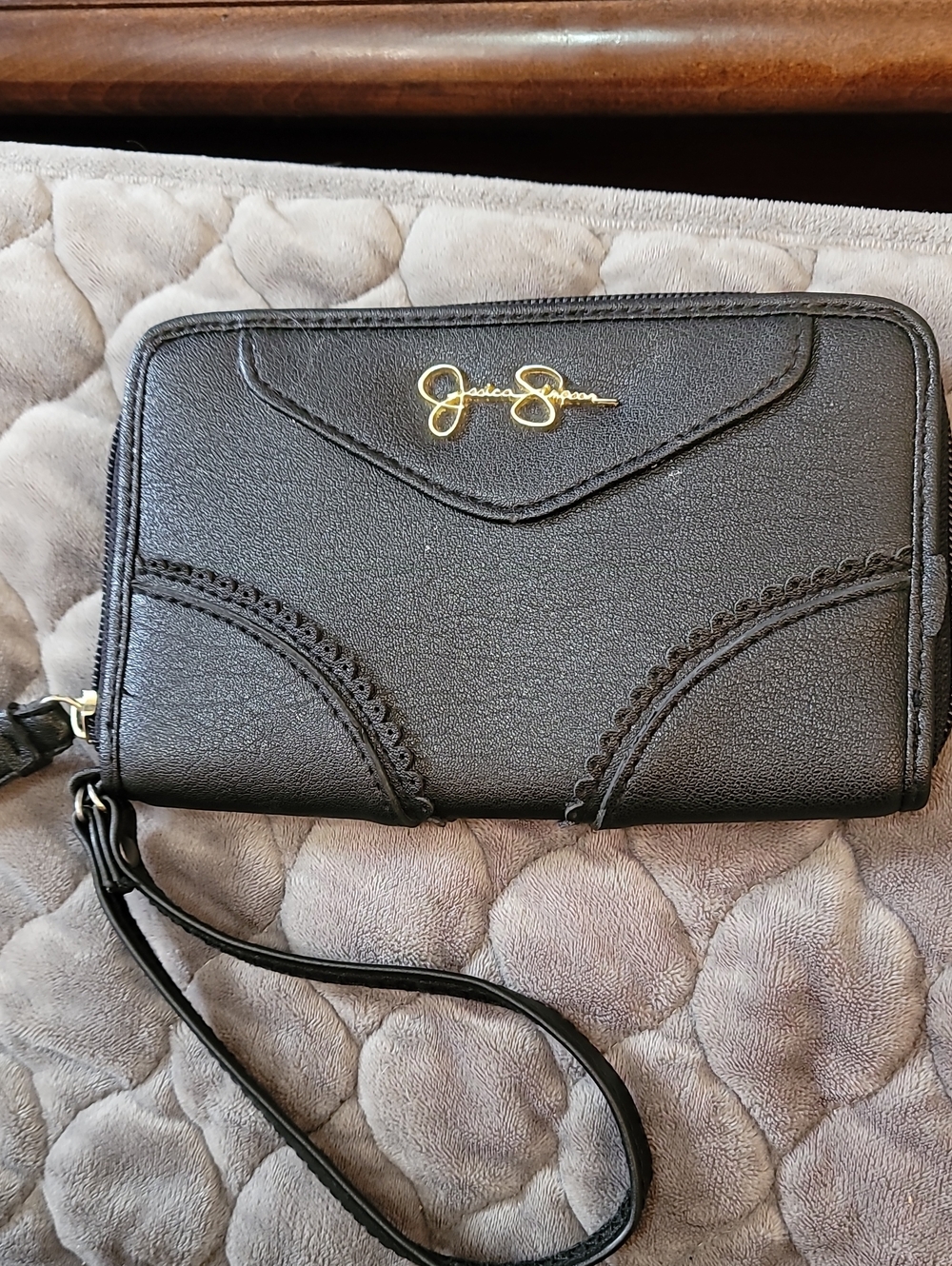 Jessica Simpson Black Faux Leather Wristlet with Gold Logo